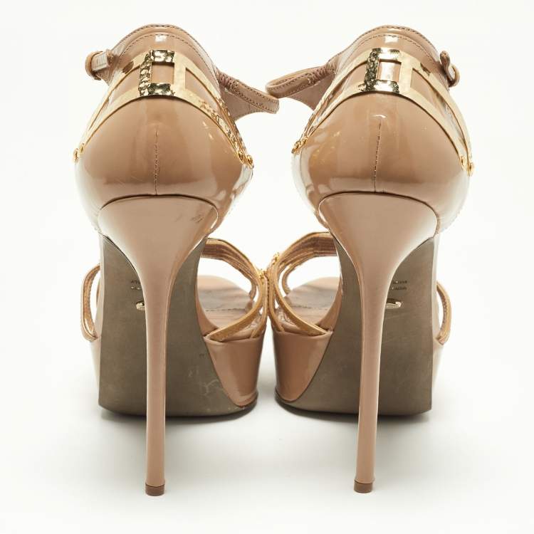 Pre Owned Sergio Rossi Beige Patent Leather Strappy Platform Sandals Size 40