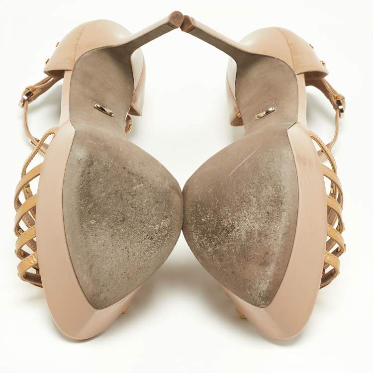Pre Owned Sergio Rossi Beige Patent Leather Strappy Platform Sandals Size 40