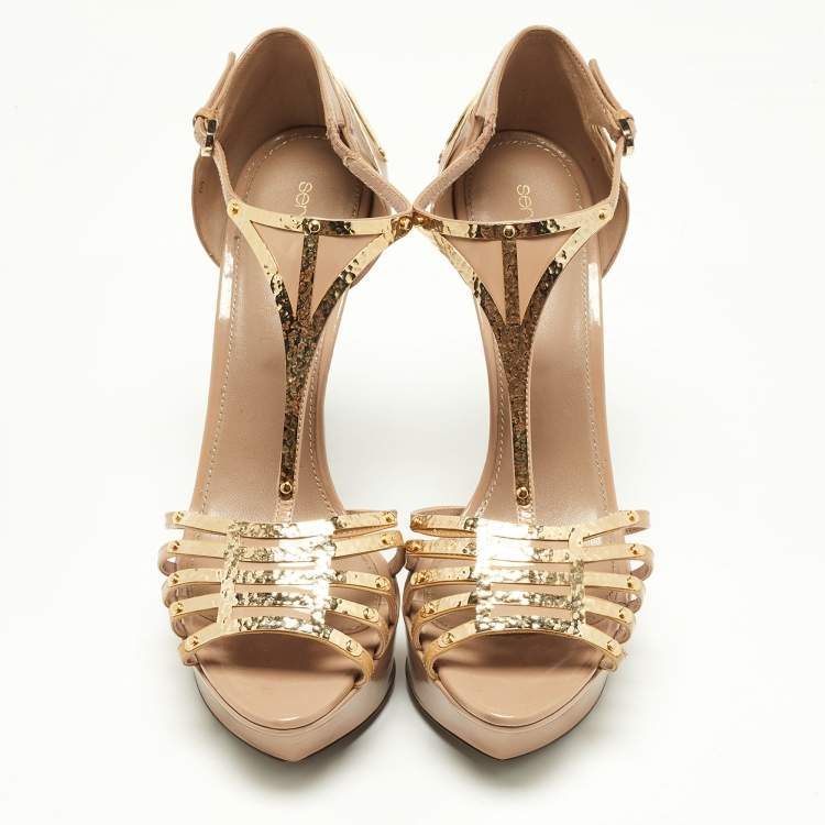 Pre Owned Sergio Rossi Beige Patent Leather Strappy Platform Sandals Size 40