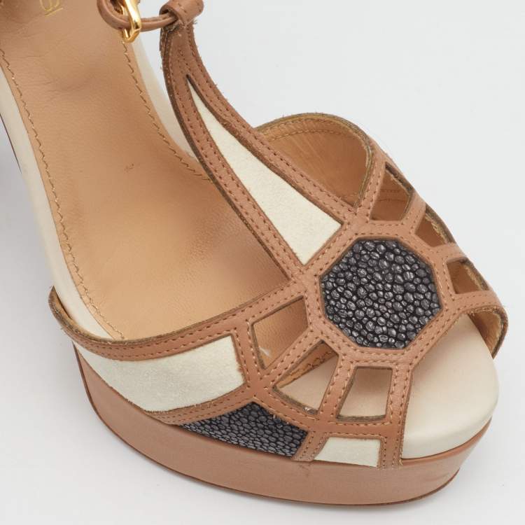 مملوكة مسبقًا Sergio Rossi Tricolor Suede and Leather T-Strap Platform Sandals Size 36.5