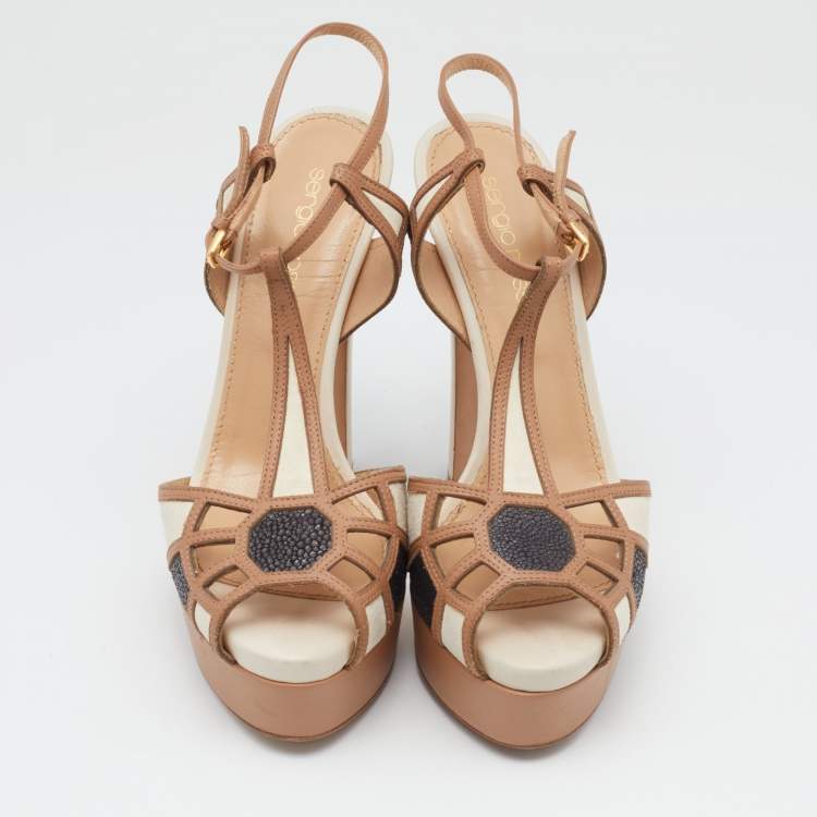 مملوكة مسبقًا Sergio Rossi Tricolor Suede and Leather T-Strap Platform Sandals Size 36.5