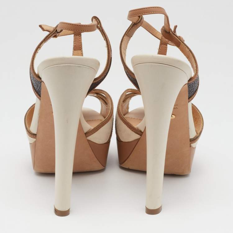 مملوكة مسبقًا Sergio Rossi Tricolor Suede and Leather T-Strap Platform Sandals Size 36.5