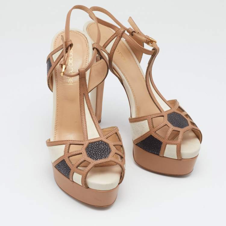 مملوكة مسبقًا Sergio Rossi Tricolor Suede and Leather T-Strap Platform Sandals Size 36.5