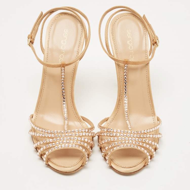 Pre Owned Sergio Rossi Gold Crystal Embellished Satin T-Bar Ankle Strap Sandals Size 36