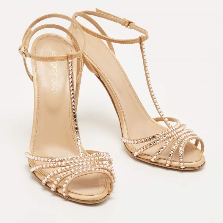 Pre Owned Sergio Rossi Gold Crystal Embellished Satin T-Bar Ankle Strap Sandals Size 36