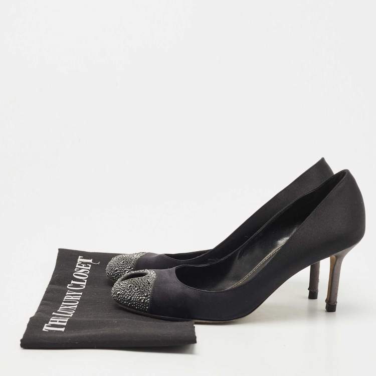 Pre Owned Sergio Rossi Black Satin Crystal Embellished Cap Toe Pumps Size 39