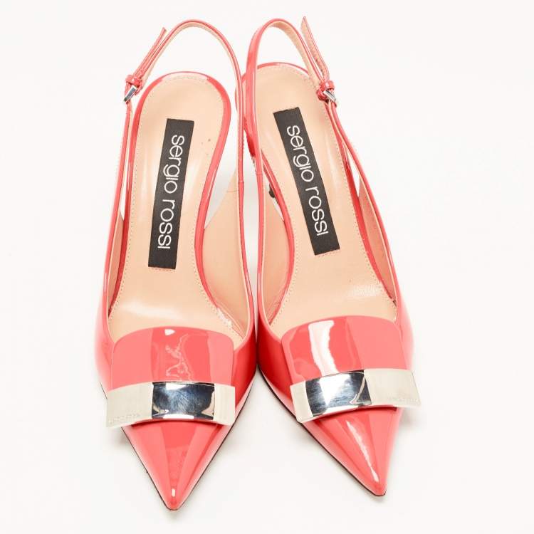 Pre Owned Sergio Rossi Coral Pink Patent Leather SR1 Slingback Pumps Size 37.5 