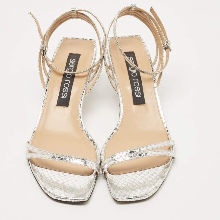 Pre Owned Sergio Rossi  Metallic Silver Python Embossed Leather Ankle Strap Sandals Size 41