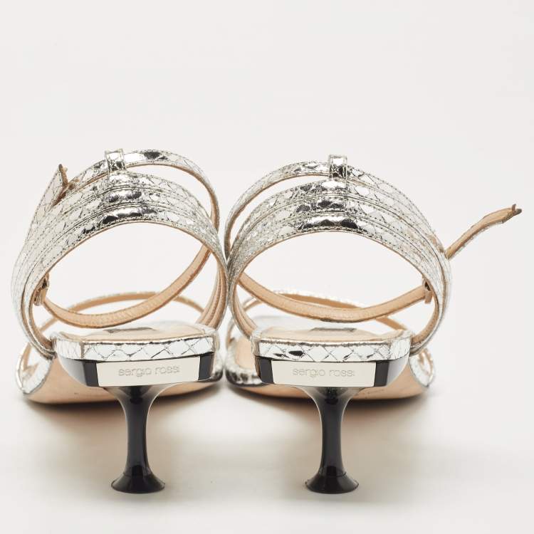Pre Owned Sergio Rossi  Metallic Silver Python Embossed Leather Ankle Strap Sandals Size 41