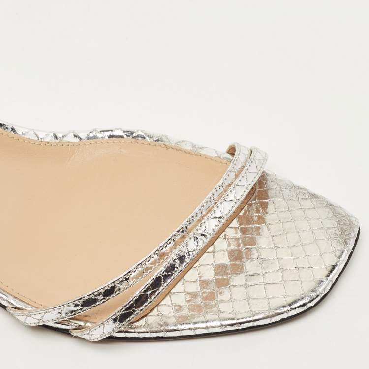 Pre Owned Sergio Rossi  Metallic Silver Python Embossed Leather Ankle Strap Sandals Size 41
