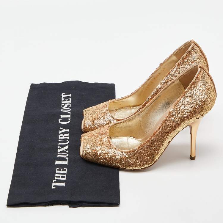 مملوكة مسبقًا Sergio Rossi Gold Sequin Open Toe Pumps Size 36