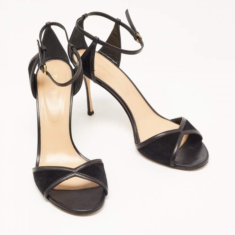 Pre Owned Sergio Rossi Black Suede and Leather Ankle Strap Sandals Size 40.5