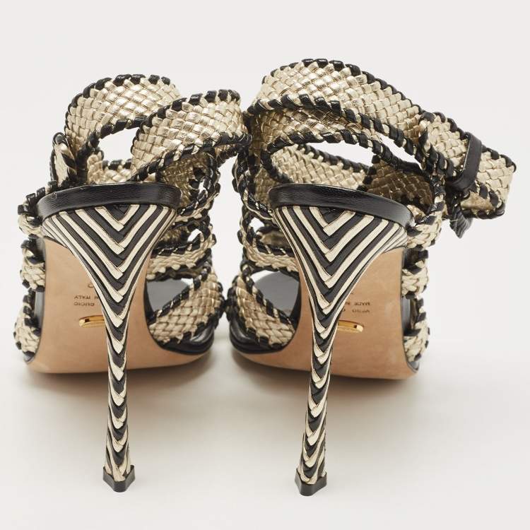Pre Owned Sergio Rossi Two Tone Woven Leather Ankle Wrap Sandals Size 39