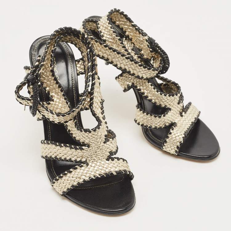 Pre Owned Sergio Rossi Two Tone Woven Leather Ankle Wrap Sandals Size 39