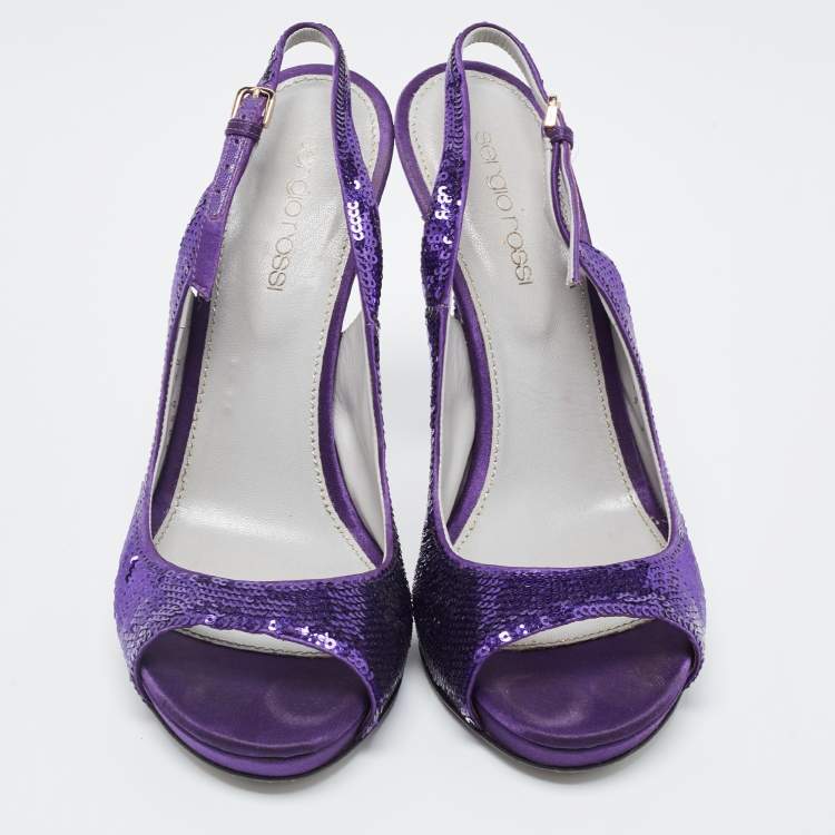 Pre Owned Sergio Rossi Purple Sequin and Satin Slingback Sandals Size 36