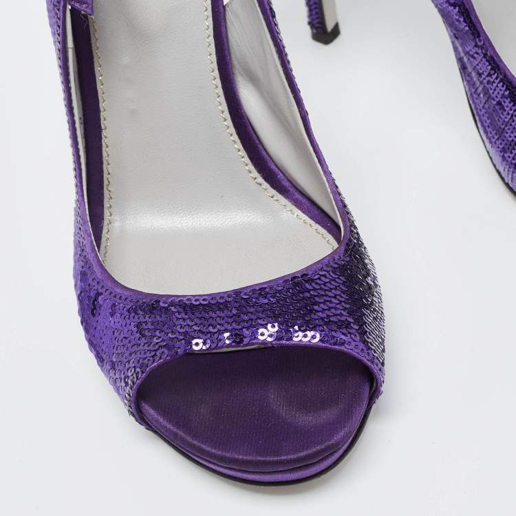 Pre Owned Sergio Rossi Purple Sequin and Satin Slingback Sandals Size 36