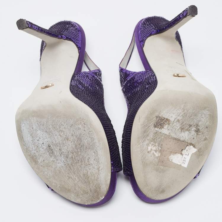 Pre Owned Sergio Rossi Purple Sequin and Satin Slingback Sandals Size 36