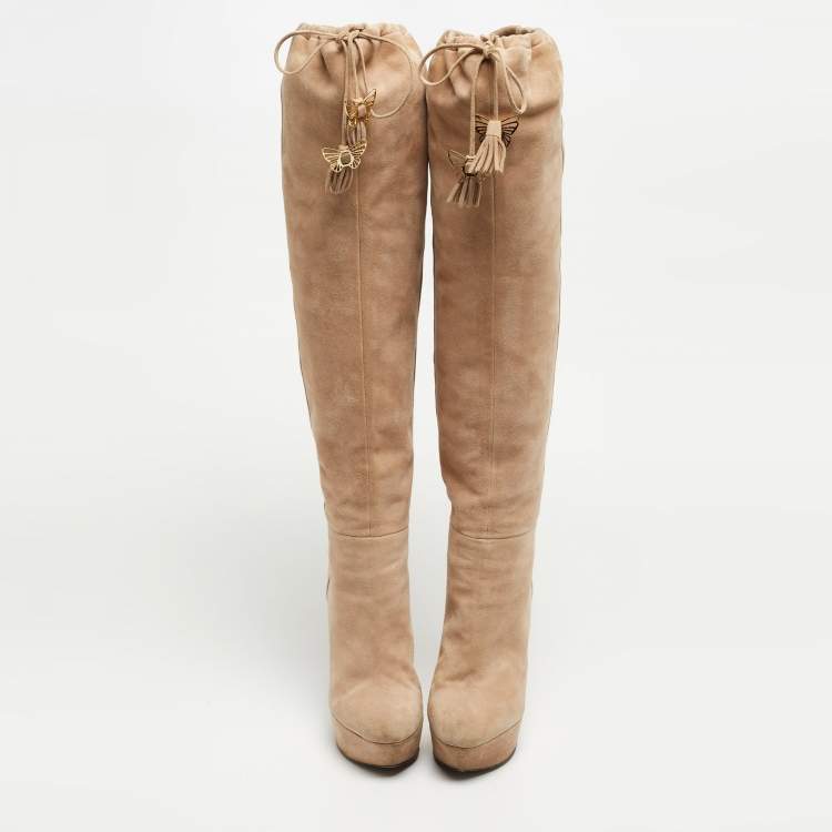 Pre Owned Sergio Rossi Beige Suede Knee Length Boots Size 38