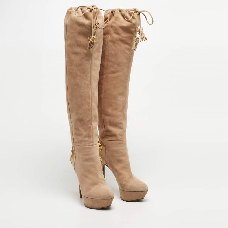 Pre Owned Sergio Rossi Beige Suede Knee Length Boots Size 38
