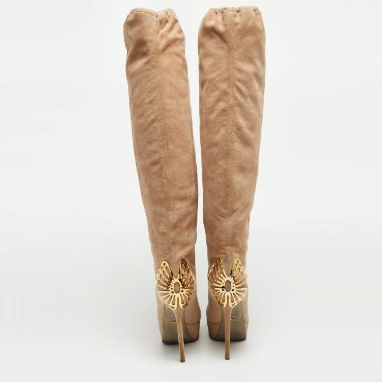 Pre Owned Sergio Rossi Beige Suede Knee Length Boots Size 38