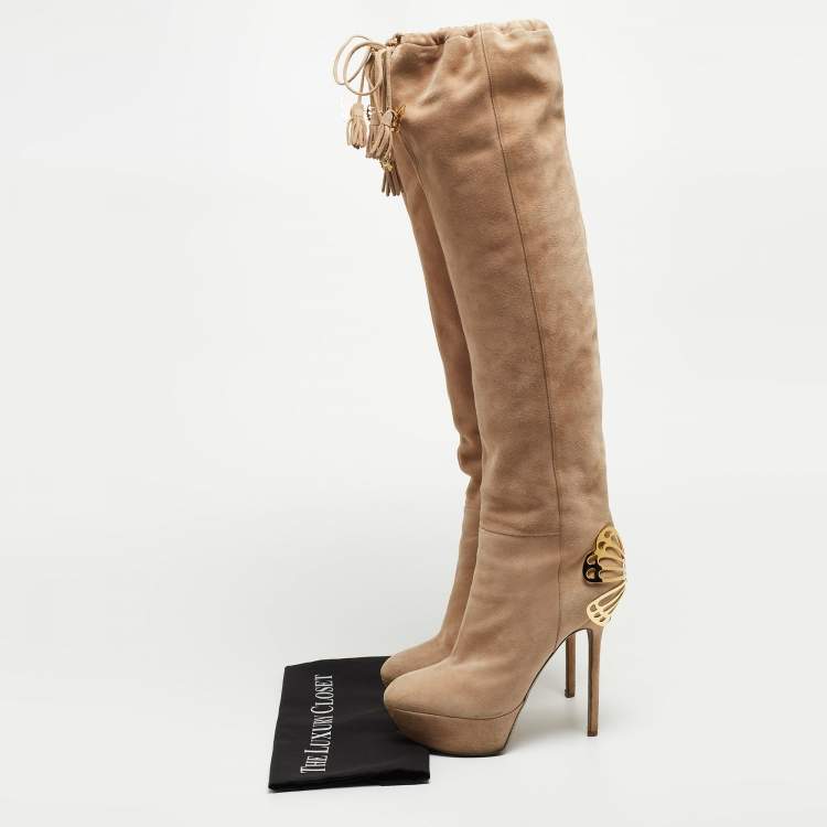 Pre Owned Sergio Rossi Beige Suede Knee Length Boots Size 38