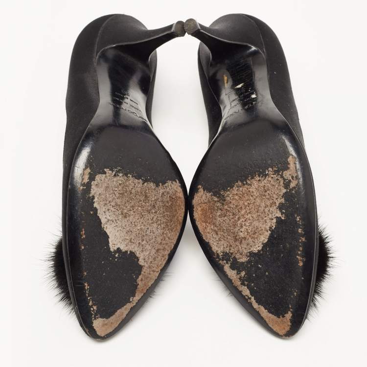 Pre Owned Sergio Rossi Black Satin And Fur Pointed Toe Pumps Size 38
