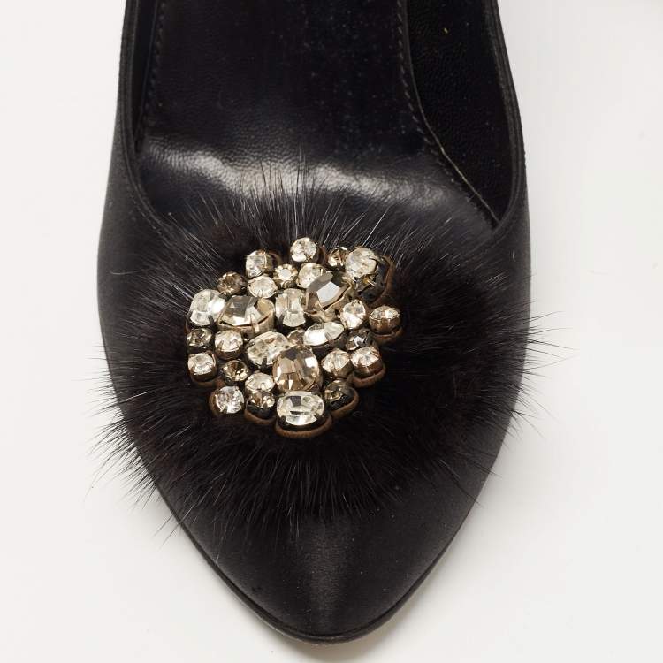 Pre Owned Sergio Rossi Black Satin And Fur Pointed Toe Pumps Size 38