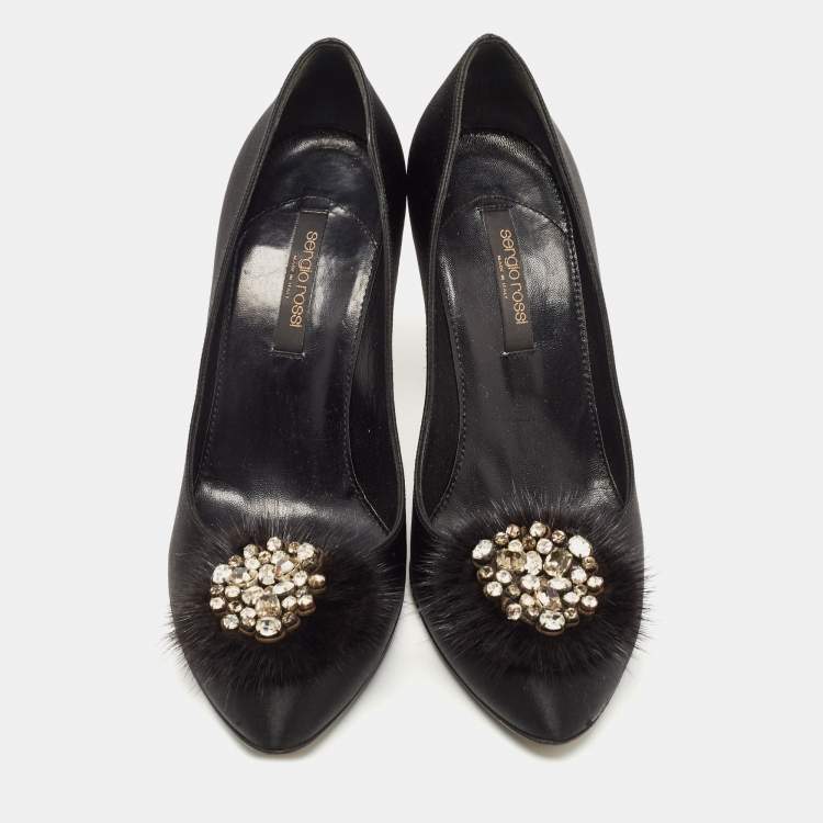 Pre Owned Sergio Rossi Black Satin And Fur Pointed Toe Pumps Size 38