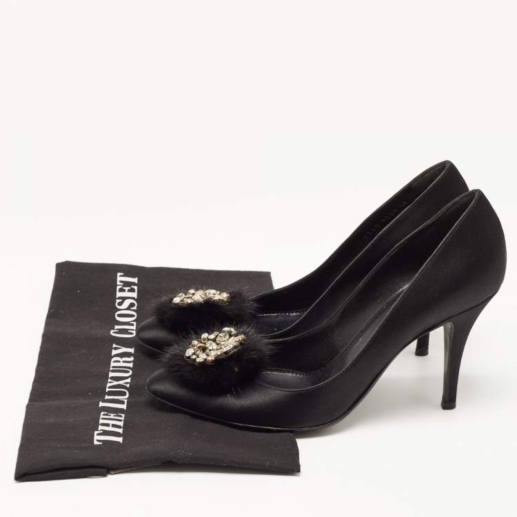 Pre Owned Sergio Rossi Black Satin And Fur Pointed Toe Pumps Size 38