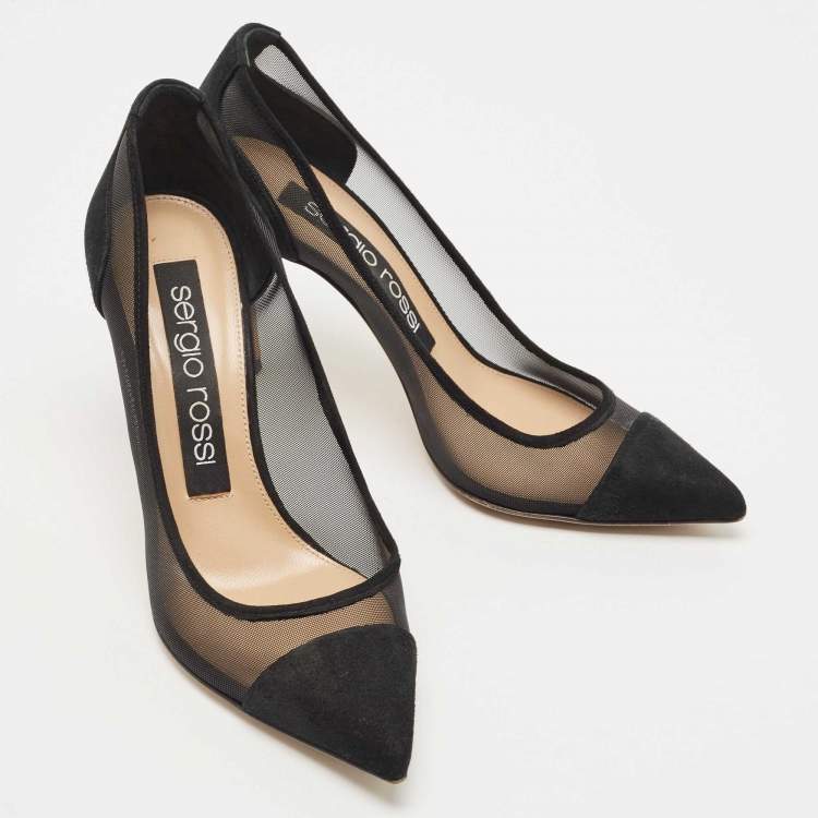Pre Owned Sergio Rossi Black Suede And Mesh Pointed Toe Pumps Size 36.5