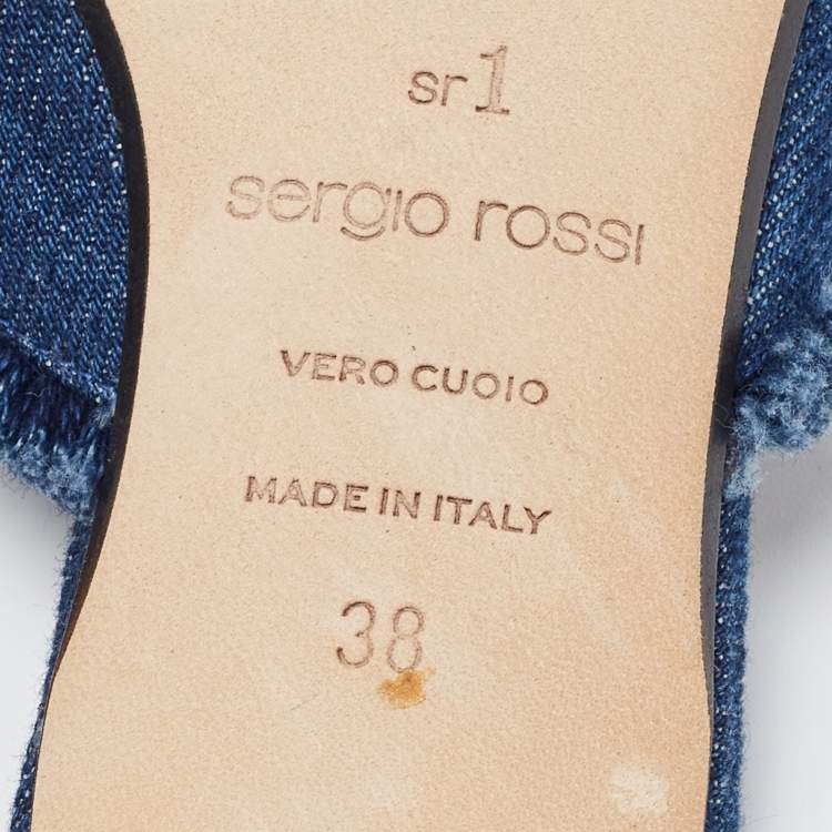 Pre Owned Sergio Rossi Blue Frayed Denim Pointed Toe Mules Size 38