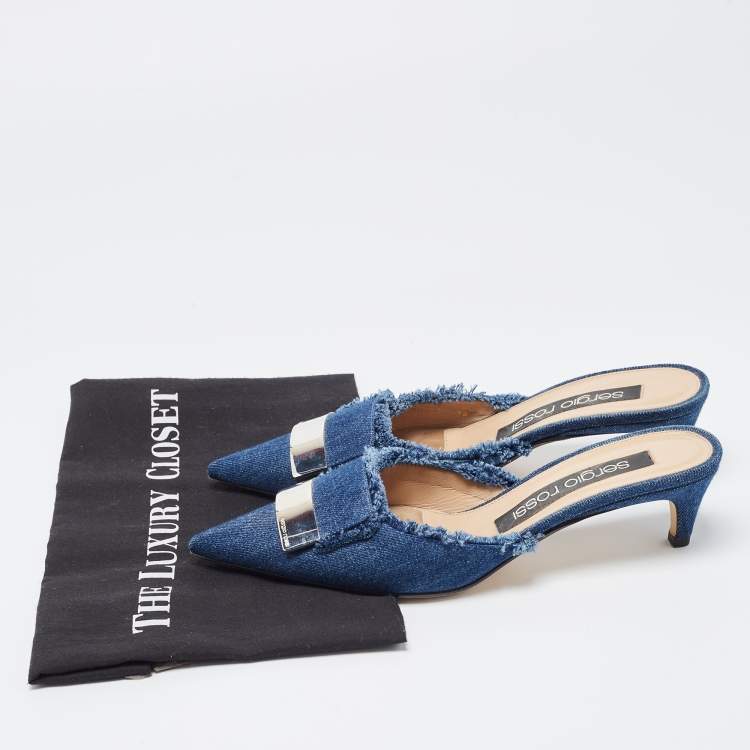 Pre Owned Sergio Rossi Blue Frayed Denim Pointed Toe Mules Size 38
