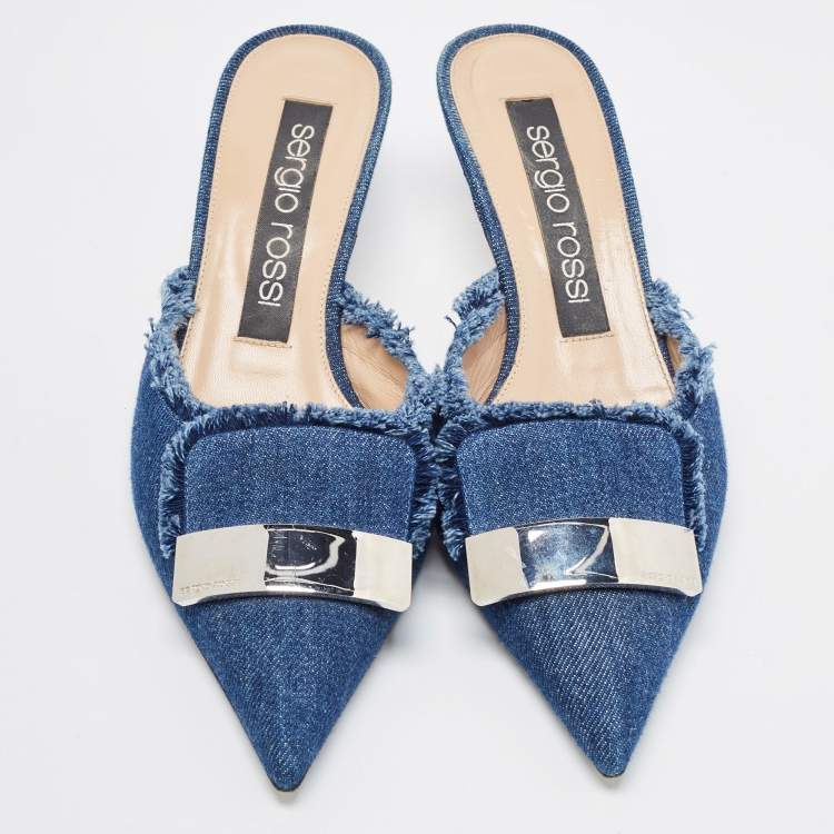 Pre Owned Sergio Rossi Blue Frayed Denim Pointed Toe Mules Size 38