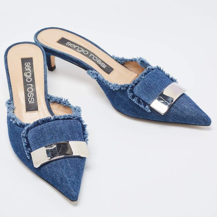 Pre Owned Sergio Rossi Blue Frayed Denim Pointed Toe Mules Size 38