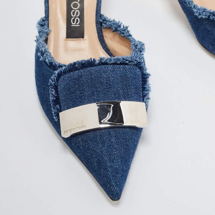 Pre Owned Sergio Rossi Blue Frayed Denim Pointed Toe Mules Size 38