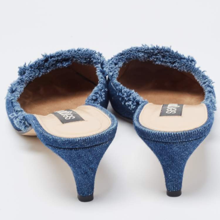 Pre Owned Sergio Rossi Blue Frayed Denim Pointed Toe Mules Size 38