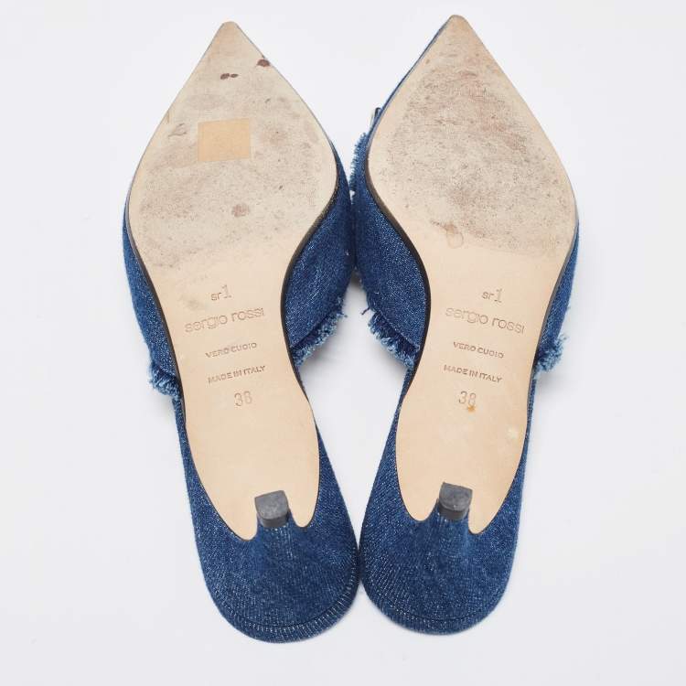 Pre Owned Sergio Rossi Blue Frayed Denim Pointed Toe Mules Size 38