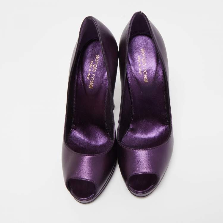 Pre Owned Sergio Rossi Metallic Purple Leather Peep Toe Pumps Size 38