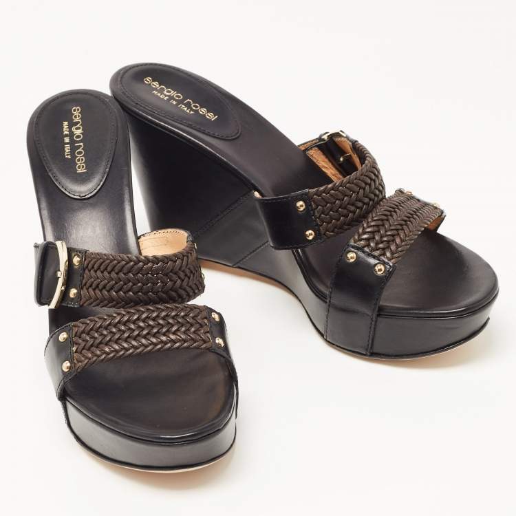 Pre Owned Sergio Rossi Black Leather Wedge Sandals Size 41