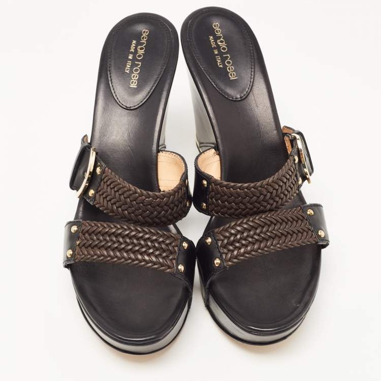 Pre Owned Sergio Rossi Black Leather Wedge Sandals Size 41