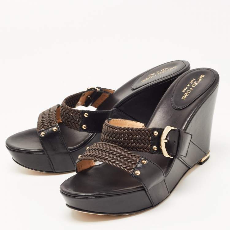 Pre Owned Sergio Rossi Black Leather Wedge Sandals Size 41