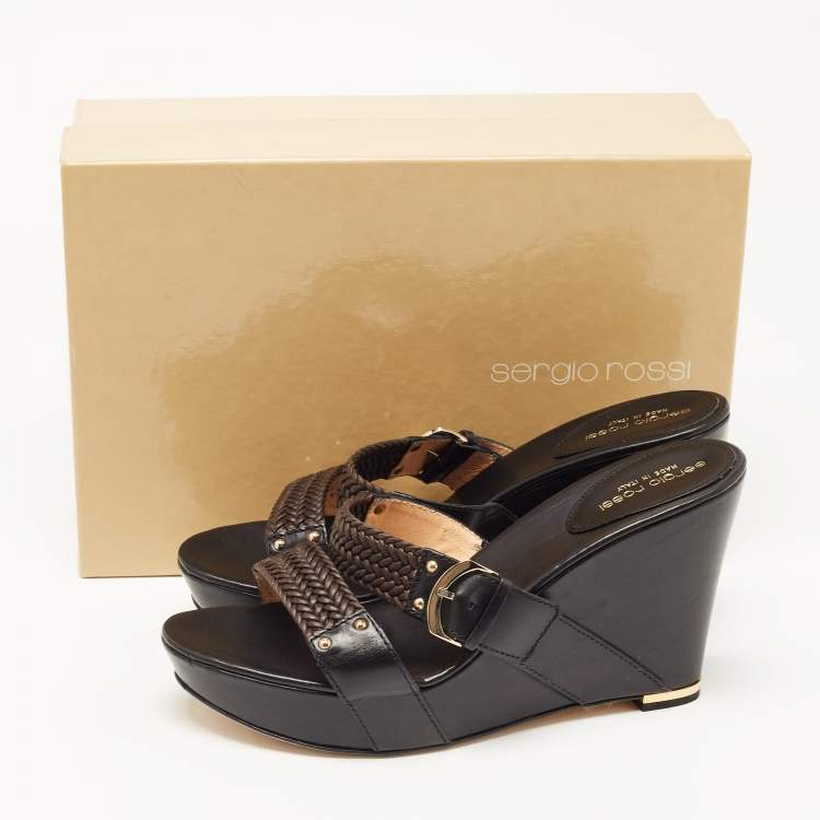 Pre Owned Sergio Rossi Black Leather Wedge Sandals Size 41