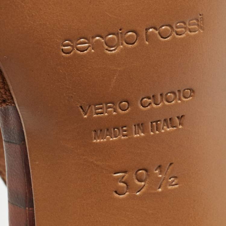 Pre Owned Sergio Rossi Brown Croc Embossed Leather T-Bar Ankle Strap Sandals Size 39.5
