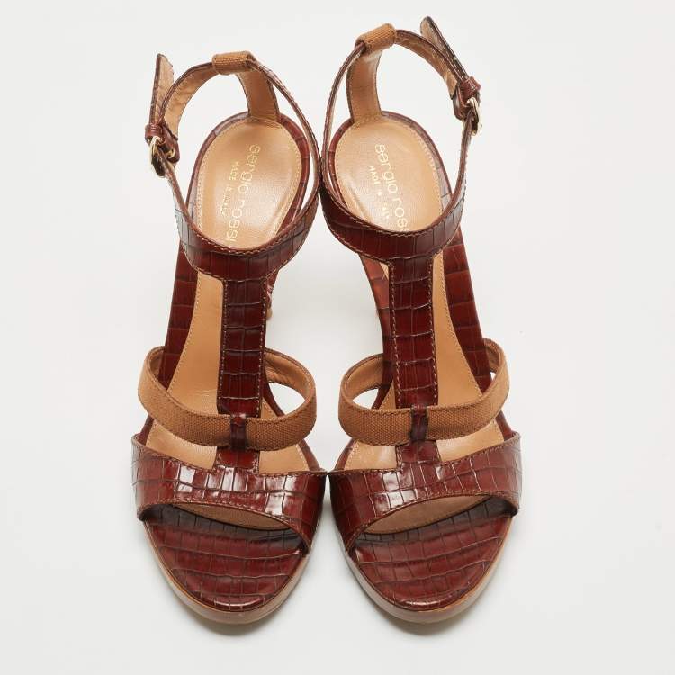 Pre Owned Sergio Rossi Brown Croc Embossed Leather T-Bar Ankle Strap Sandals Size 39.5