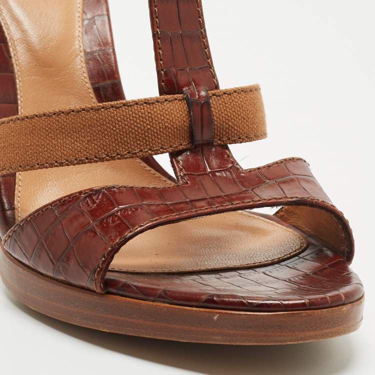 Pre Owned Sergio Rossi Brown Croc Embossed Leather T-Bar Ankle Strap Sandals Size 39.5