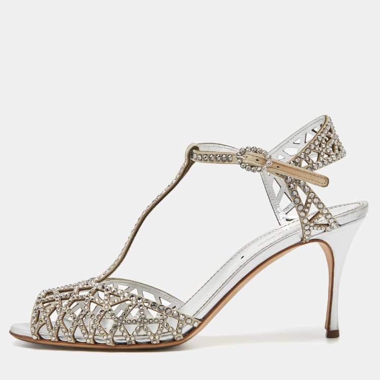 مملوكة مسبقًا Sergio Rossi Silver Crystal Embellished Suede T-Bar Ankle Strap Sandals Size 38