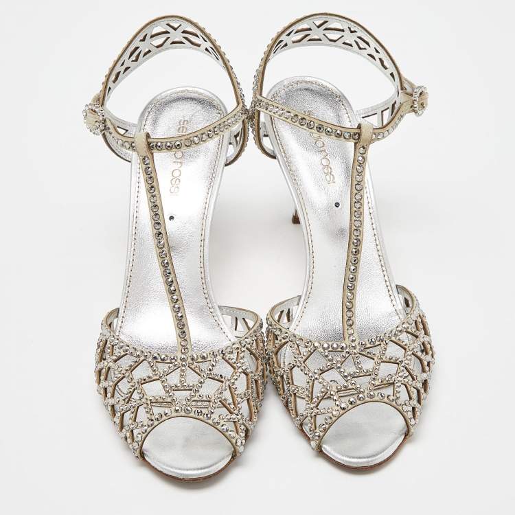 مملوكة مسبقًا Sergio Rossi Silver Crystal Embellished Suede T-Bar Ankle Strap Sandals Size 38