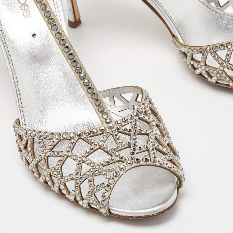 مملوكة مسبقًا Sergio Rossi Silver Crystal Embellished Suede T-Bar Ankle Strap Sandals Size 38