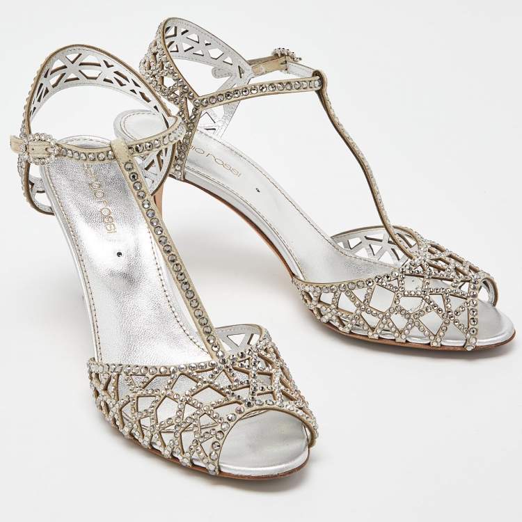 مملوكة مسبقًا Sergio Rossi Silver Crystal Embellished Suede T-Bar Ankle Strap Sandals Size 38