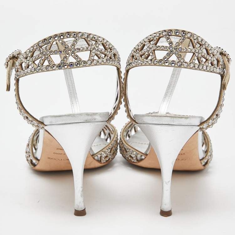 مملوكة مسبقًا Sergio Rossi Silver Crystal Embellished Suede T-Bar Ankle Strap Sandals Size 38